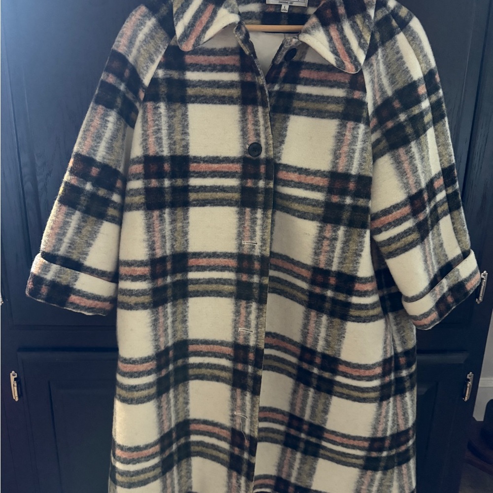 J. Peterman Plaid Coat - Black, White, Pink